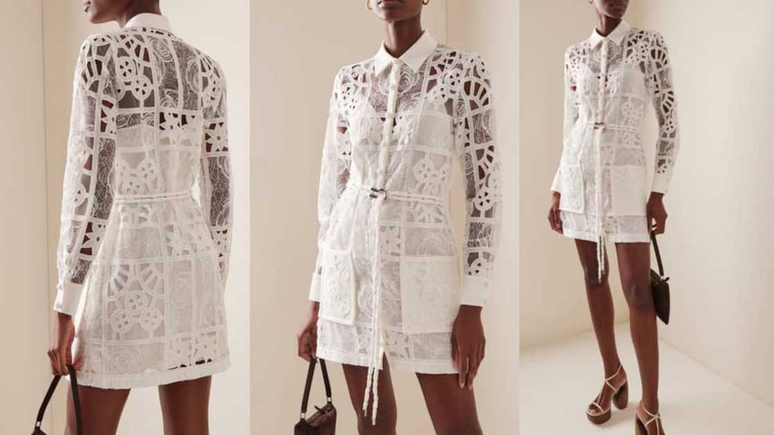 Patchwork-lace mini shirt dress with front button fastenings and collared neckline Patchwork-lace mini shirt dress with front button fastenings and collared neckline