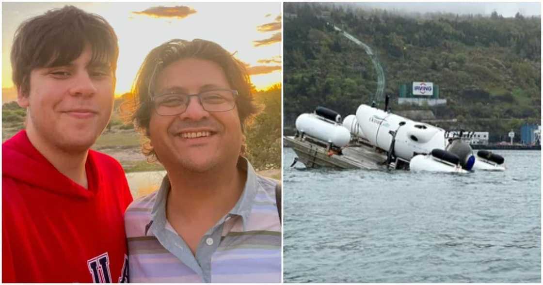 Suleman Dawood with his dad Shahzada (l), the Titanic submersible, embarking on its mission into the ocean (r).