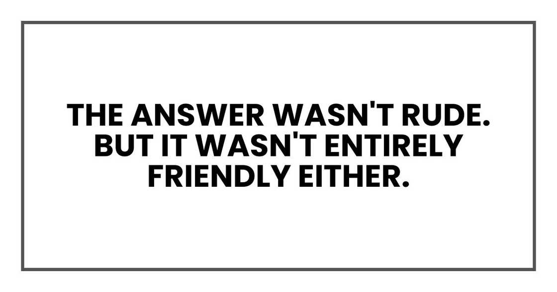 The answer wasn't rude. But it wasn't entirely friendly either. The answer wasn't rude. But it wasn't entirely friendly either.