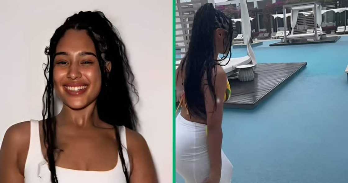 A TikTok video shows a woman diving into the shallow side leaving people in laughter. A TikTok video shows a woman diving into the shallow side leaving people in laughter.