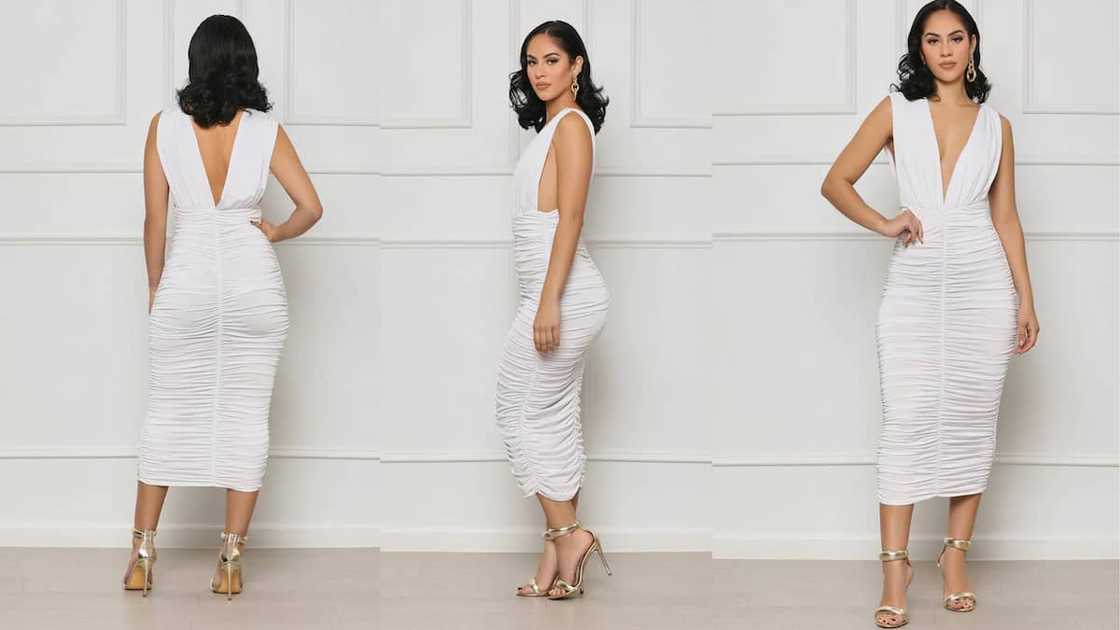 Sleeveless ruched midi with a plunging neckline Sleeveless ruched midi with a plunging neckline