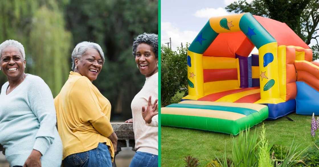 Stock pic of three older ladies, jumping castle Stock pic of three older ladies, jumping castle