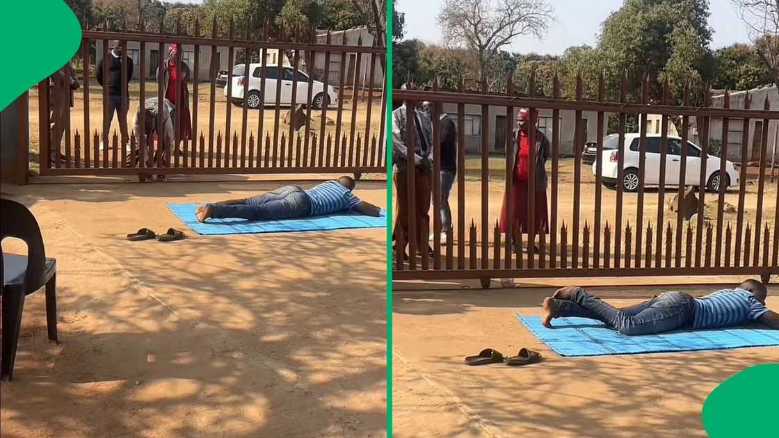 A TikTok video shows a man lying on the ground before lobola negotiations. A TikTok video shows a man lying on the ground before lobola negotiations.