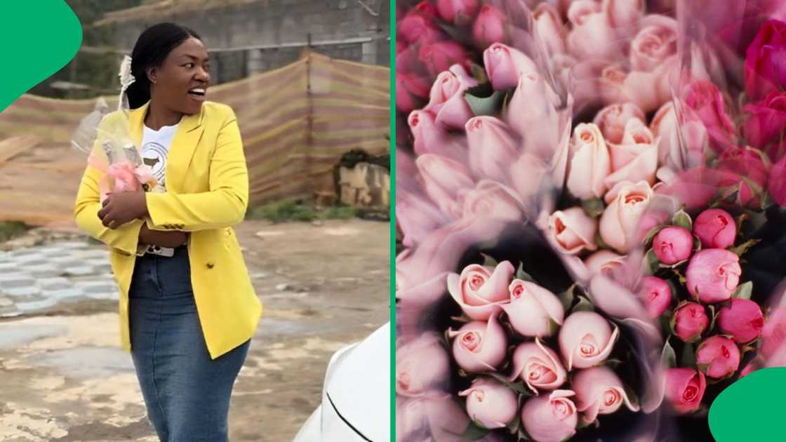 A husband surprised his wife with dozens of flowers.