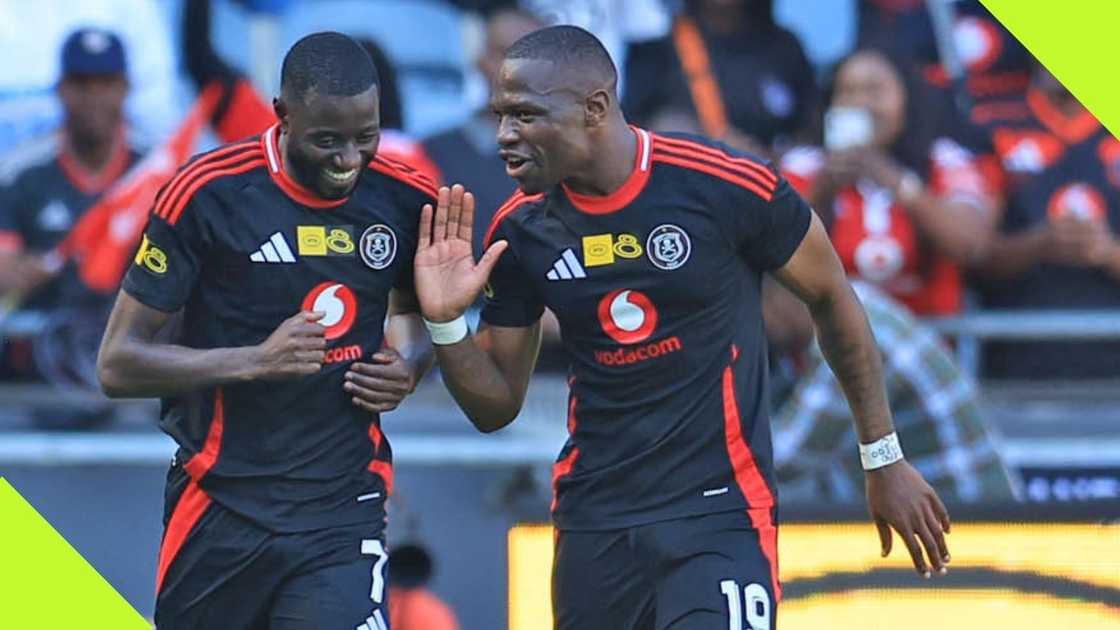 Deon Hotto celebrates with Tshegofatso Mabasa after Orlando Pirates beat SuperSport United Deon Hotto celebrates with Tshegofatso Mabasa after Orlando Pirates beat SuperSport United