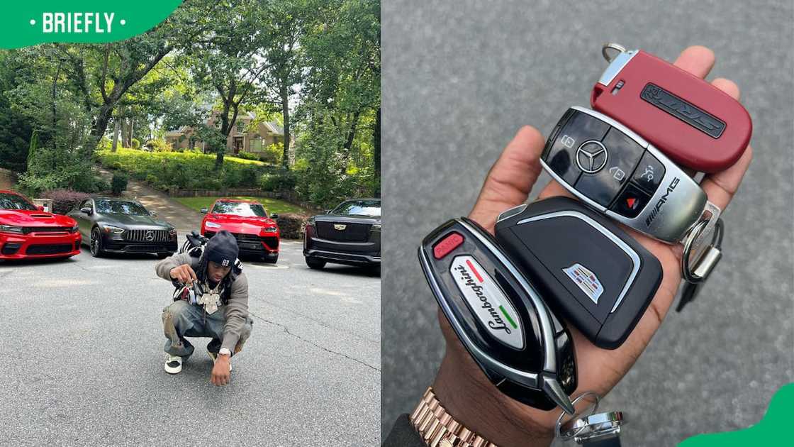 Kai poses with his cars, including a Cadillac, a Lamborghini Urus, a Dodge Challenger, and a Mercedes-Benz Kai poses with his cars, including a Cadillac, a Lamborghini Urus, a Dodge Challenger, and a Mercedes-Benz