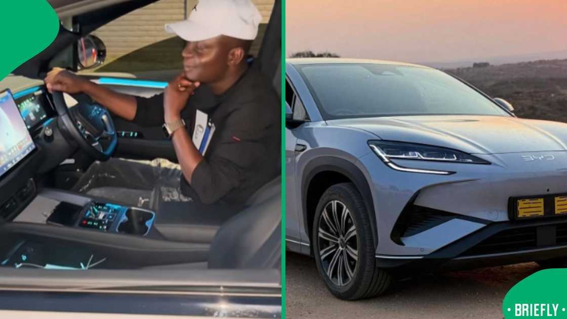 A group of villagers gathered around an electric car and admired its design A group of villagers gathered around an electric car and admired its design