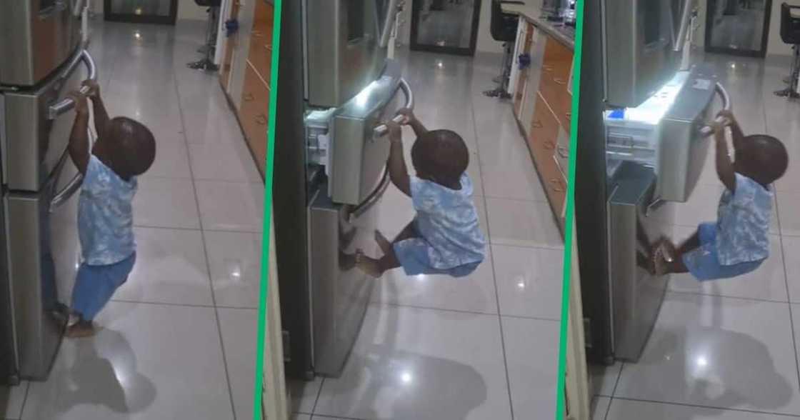 TikTok video of little boy opening fridge by geniously using his weight