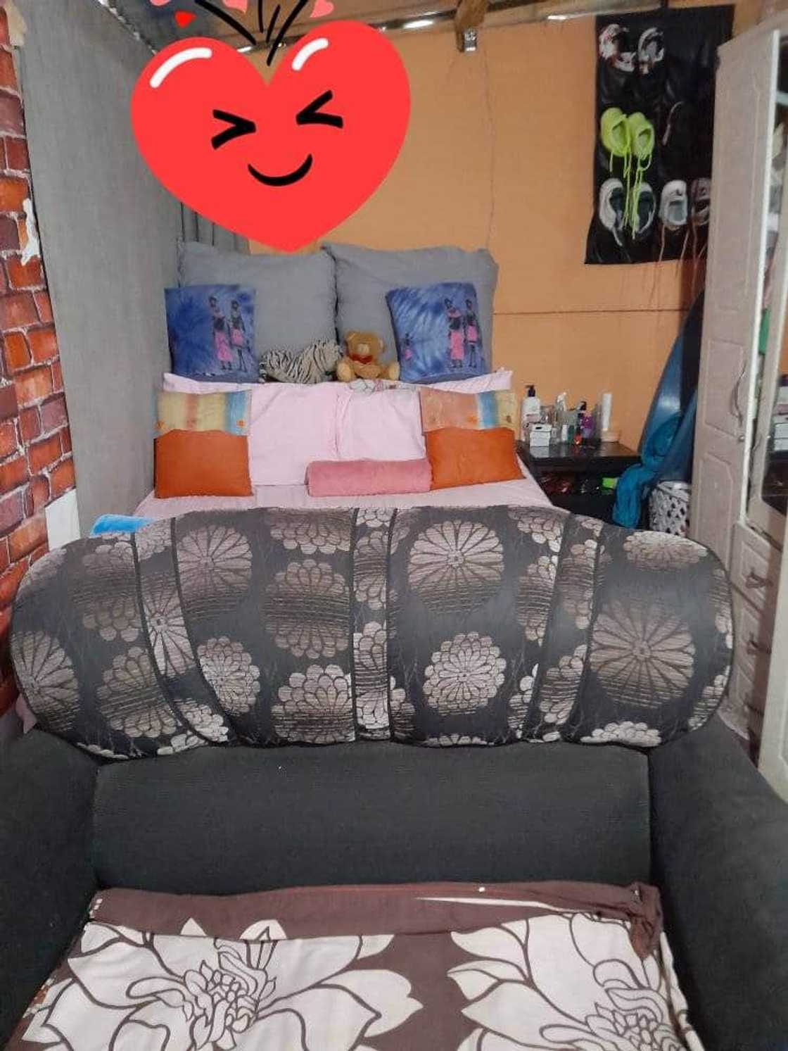 Woman shows off her bedroom and lounge space.