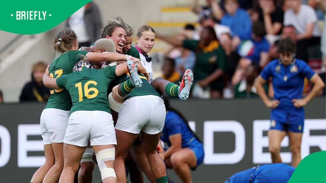 Springbok Women celebrated their win against Italy at the Women's Rugby World Cup. Springbok Women celebrated their win against Italy at the Women's Rugby World Cup.