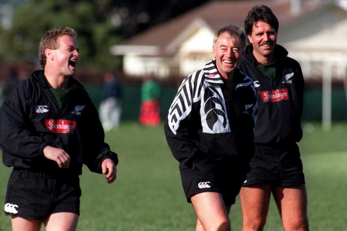 Former New Zealand Rugby star Grant Fox and coach Laurie Mains during training Former New Zealand Rugby star Grant Fox and coach Laurie Mains during training