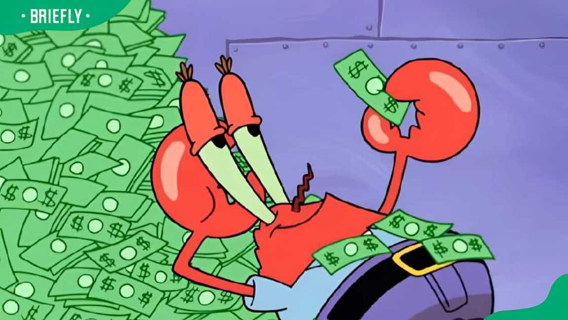Mr Krabs surrounded by a large pile of green dollars Mr Krabs surrounded by a large pile of green dollars