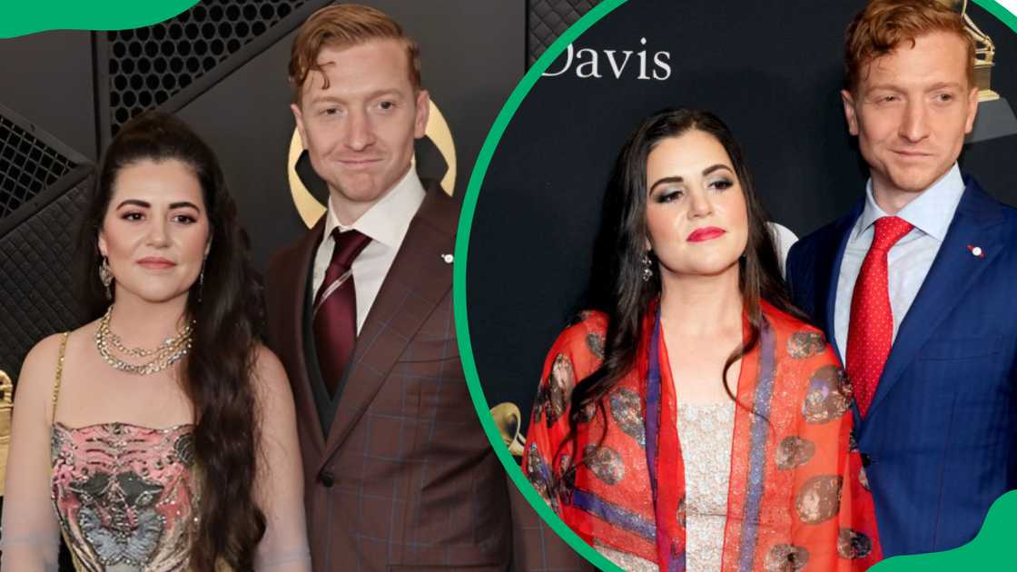 Senora May and Tyler Childers during the 2024 Grammy Awards (L). The couple at The Beverly Hilton in 2024 (R)