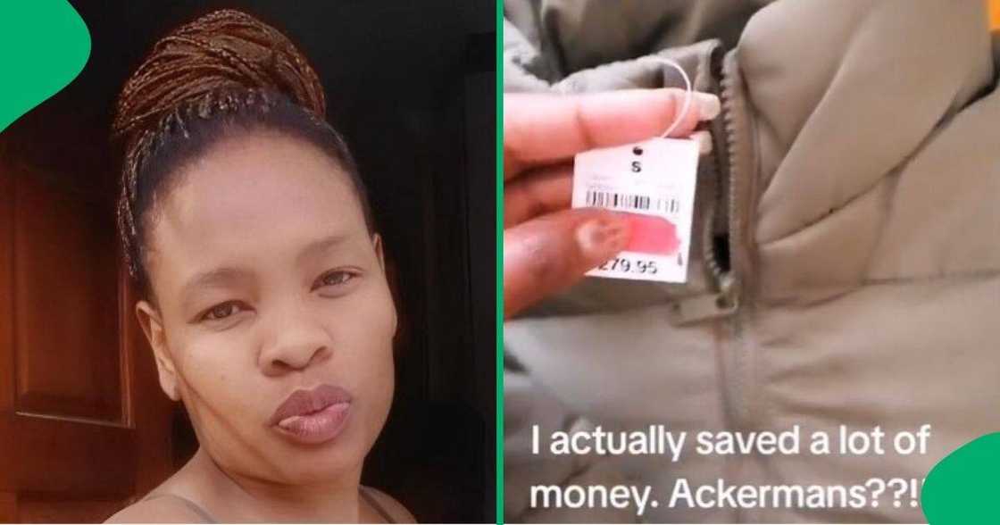 A woman saved money when she bought puffer jackets at Ackermans. A woman saved money when she bought puffer jackets at Ackermans.
