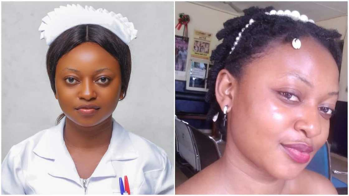 Victoria Ukpe dressed in her nurse uniform to celebrate her new win. Victoria Ukpe dressed in her nurse uniform to celebrate her new win.