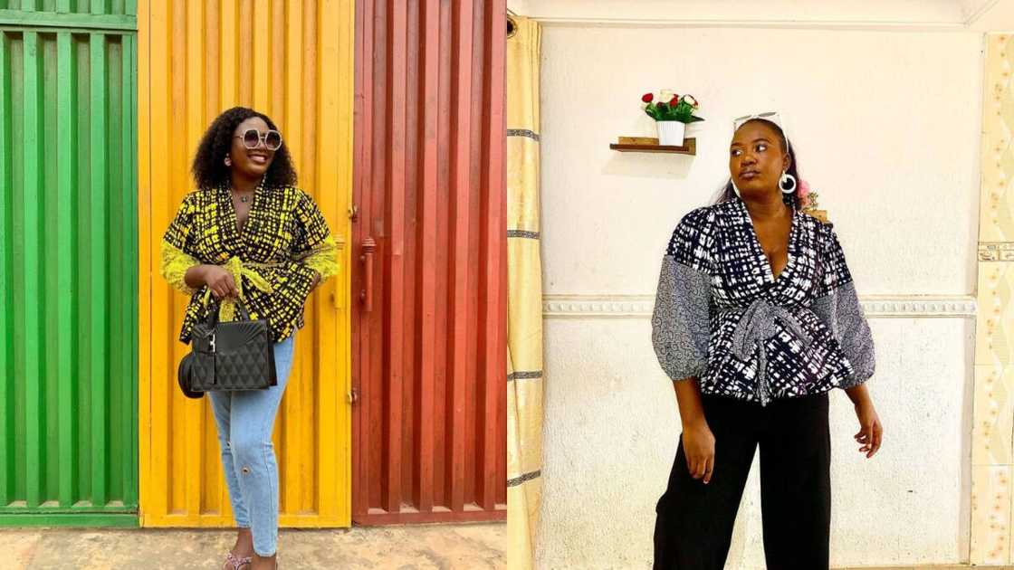 Yellow, white and black printed wrap tops Yellow, white and black printed wrap tops