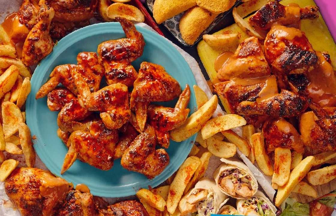 Pedros chicken platter includes wedges, wraps, wings, thighs, drumsticks, and pastries.