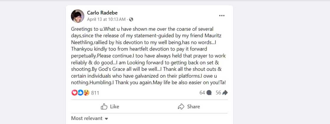 Actor Carlo Radebe grateful to everyone that helped him Actor Carlo Radebe grateful to everyone that helped him