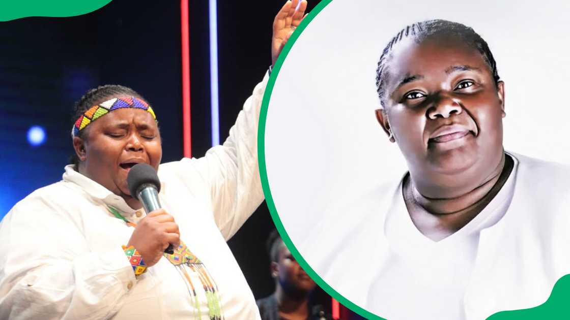 Hlengiwe Mhlaba on stage during a worship experience and the singer posing against a white background Hlengiwe Mhlaba on stage during a worship experience and the singer posing against a white background