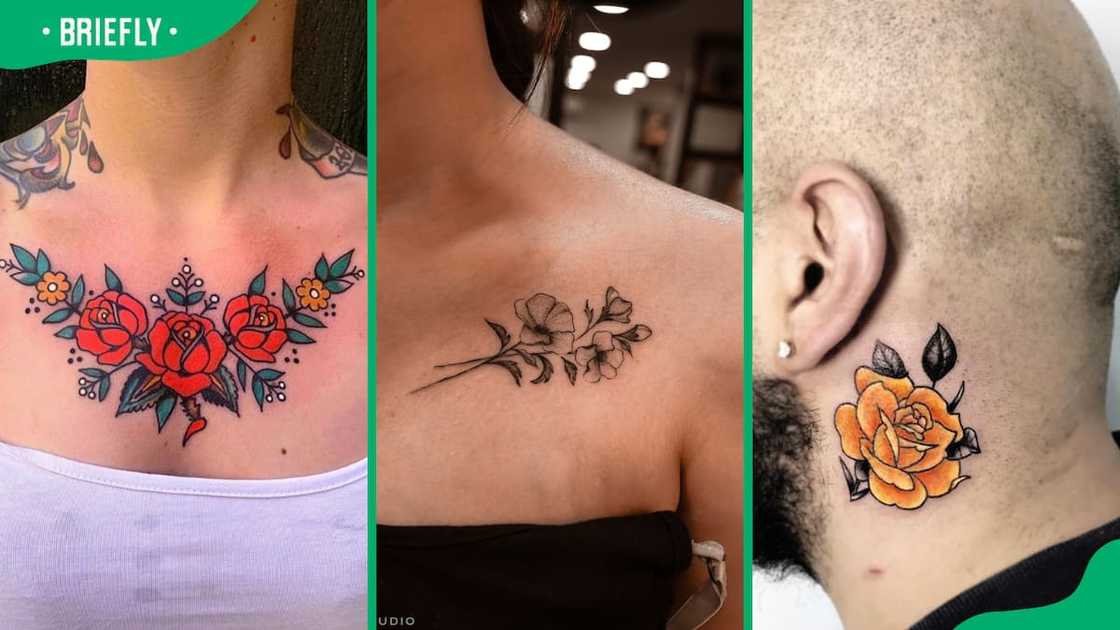 Chest (L), collarbone (C), and yellow rose flower tattoos (R) Chest (L), collarbone (C), and yellow rose flower tattoos (R)