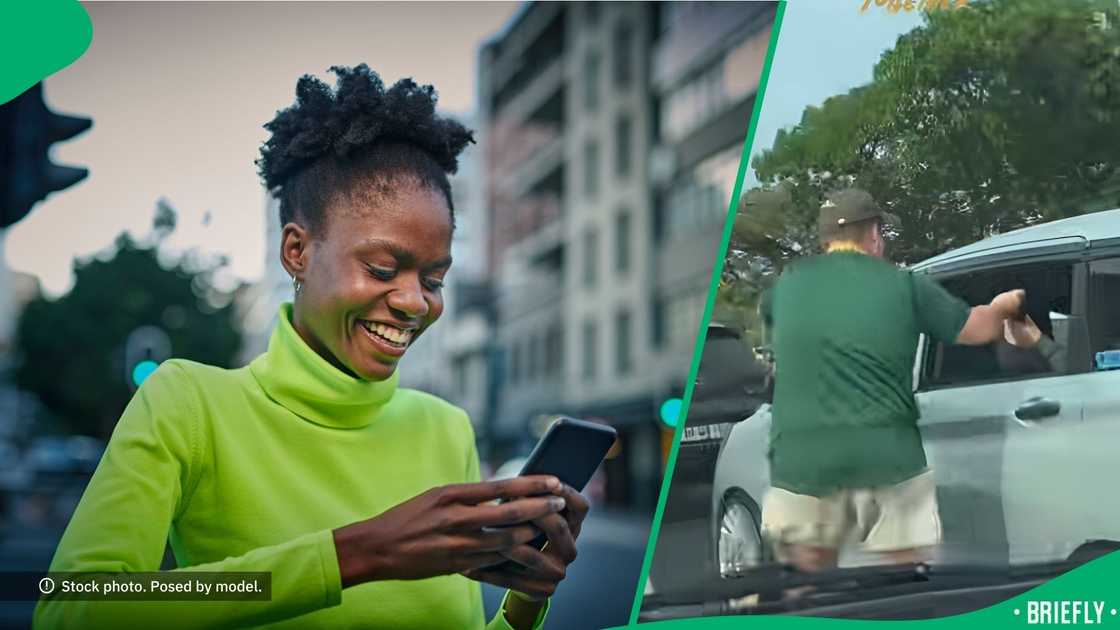 A man handed out drinks during peak traffic.