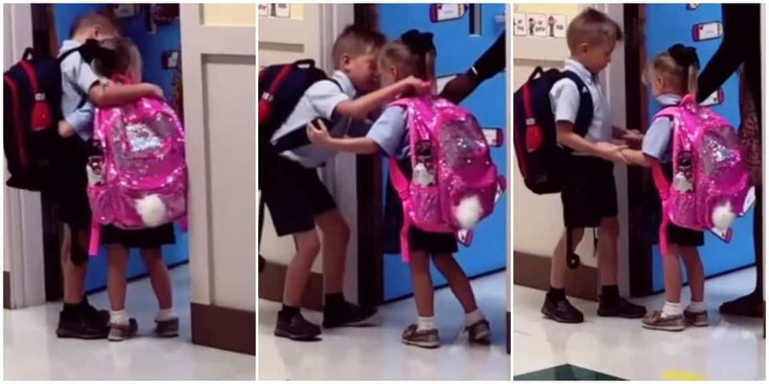 Reactions as little boy hugs nervous little sister to calm her as their mum dropped them off at school