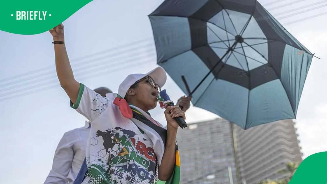 March and March Movement leader Jacinta Ngobese-Zuma addresses hundreds of supporters during a protest demonstration in Pinetown, south of Durban on July 16, 2026
