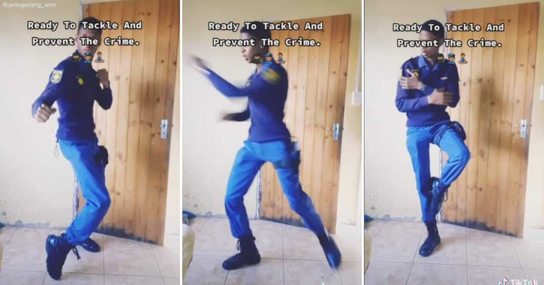 A tall cop uploaded a funny video of him getting ready for work. A tall cop uploaded a funny video of him getting ready for work.