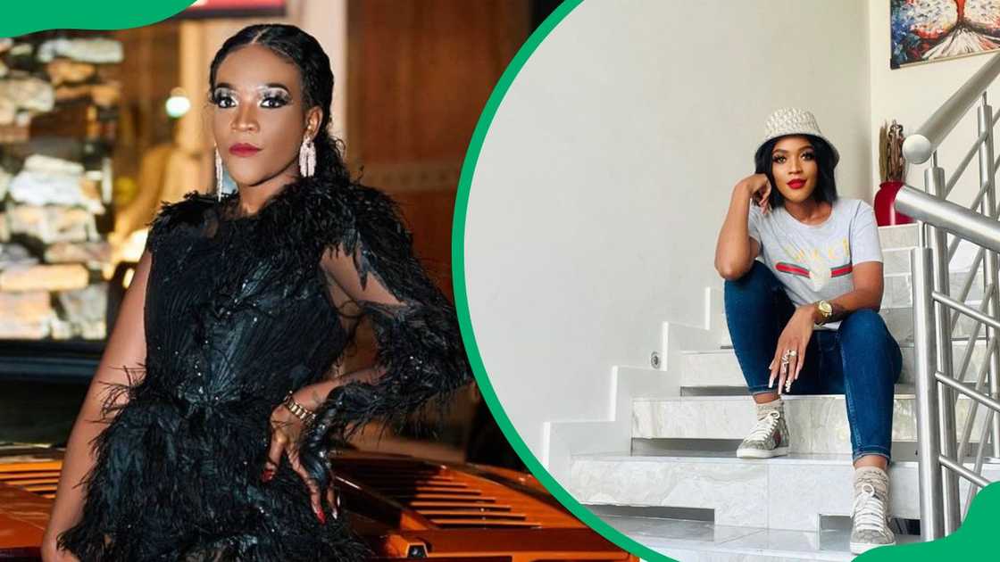 Simelane flaunting an exquisite black dress (L). The author chilling on the staircase (R)