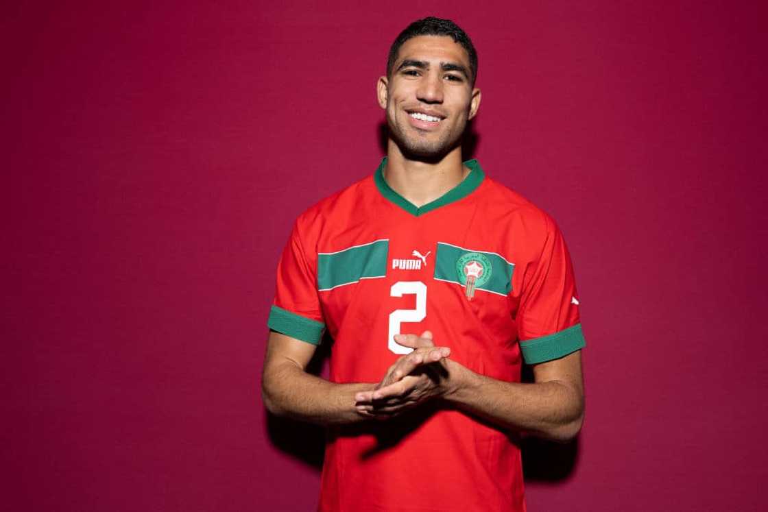 Achraf Hakimi of Morocco during the official FIFA World Cup Qatar 2022 portrait session in Doha, Qatar. Achraf Hakimi of Morocco during the official FIFA World Cup Qatar 2022 portrait session in Doha, Qatar.