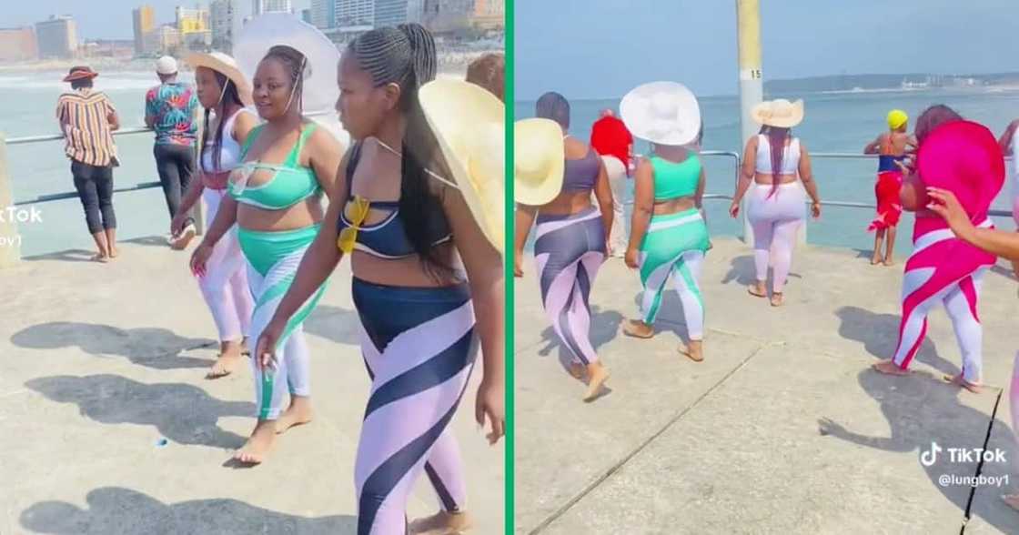 Five friends wore matching beachwear Five friends wore matching beachwear