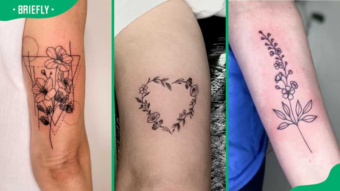 Geometric (L), heart (C) and July birth flower tattoos (R) Geometric (L), heart (C) and July birth flower tattoos (R)