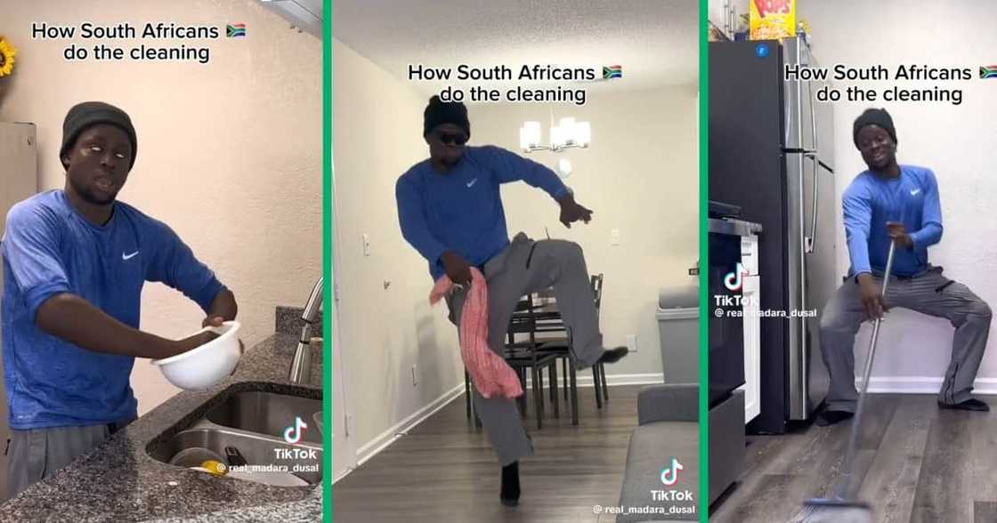 A man imitate how South Africans do house chores