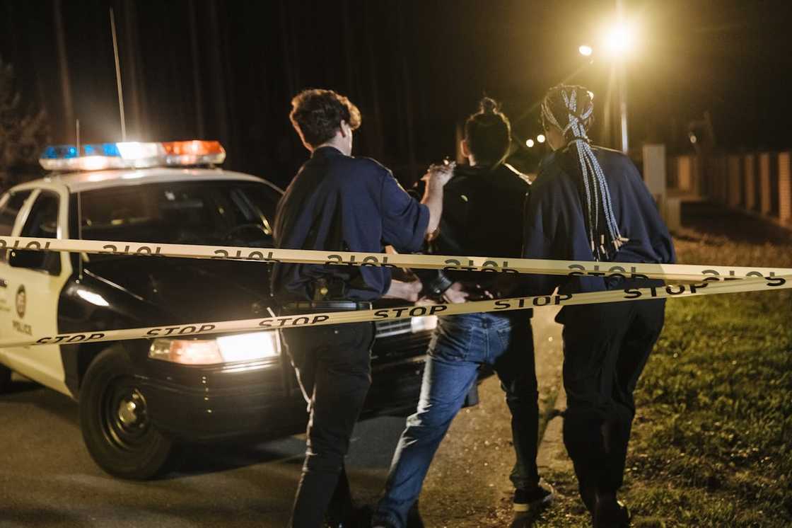 Police detain a person beside a patrol car at night. Police detain a person beside a patrol car at night.