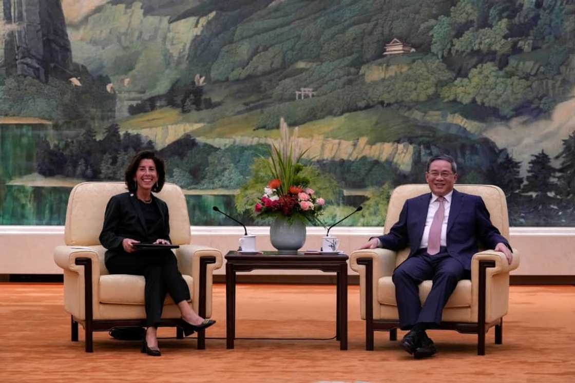 China's Premier Li Qiang (R) speaks with US Commerce Secretary Gina Raimondo in Beijing in August 2023 China's Premier Li Qiang (R) speaks with US Commerce Secretary Gina Raimondo in Beijing in August 2023