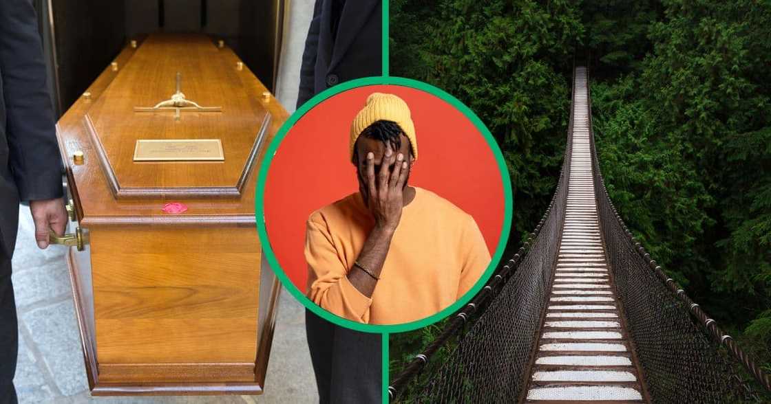 Two men carry a coffin across a thin bridge, and SA shook its head Two men carry a coffin across a thin bridge, and SA shook its head