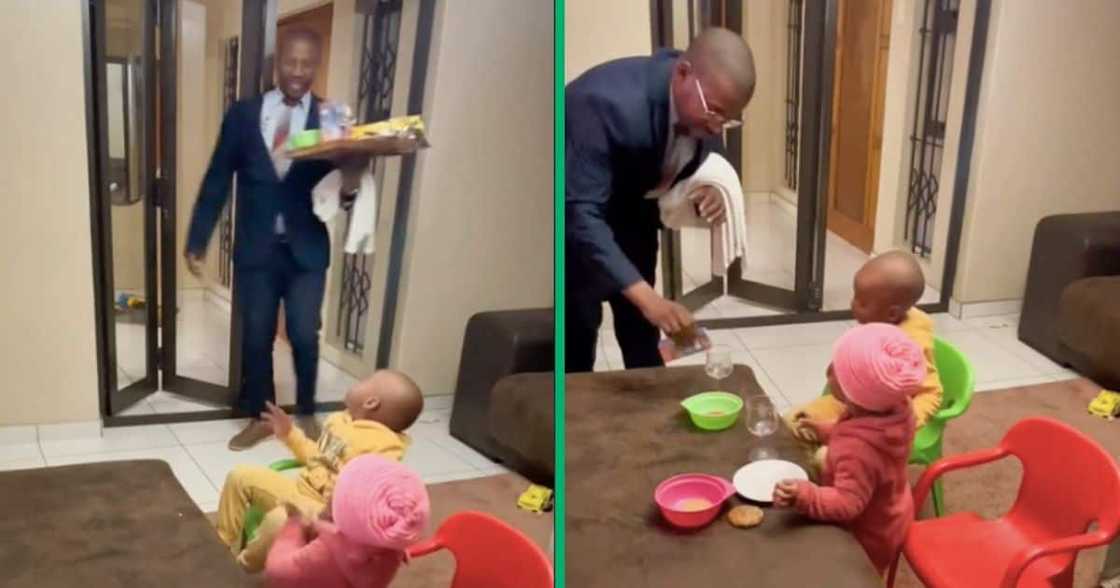 A man served his children their snacks in a fancy way A man served his children their snacks in a fancy way