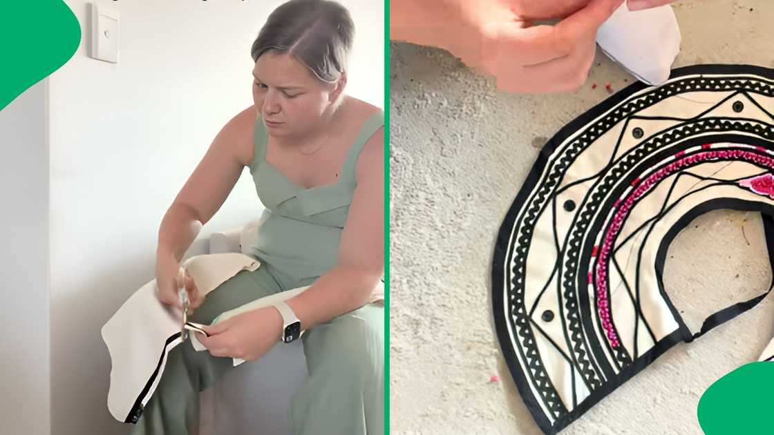 The detailed clip shows her measuring, machine-stitching, and hand-beading every section of the attire The detailed clip shows her measuring, machine-stitching, and hand-beading every section of the attire