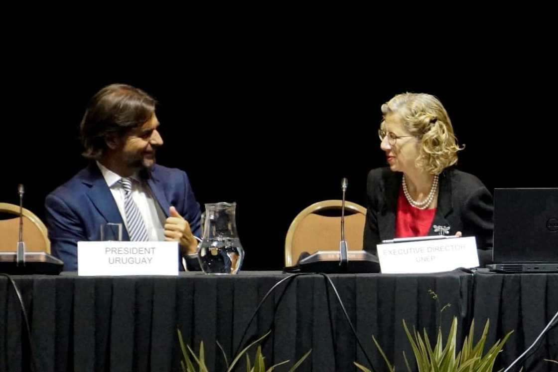 Uruguay's President Luis Lacalle Pou speaks with the Executive Director of the UN Environment Programme, Inger Andersen, at the opening of talks to establish a global plastics treaty Uruguay's President Luis Lacalle Pou speaks with the Executive Director of the UN Environment Programme, Inger Andersen, at the opening of talks to establish a global plastics treaty