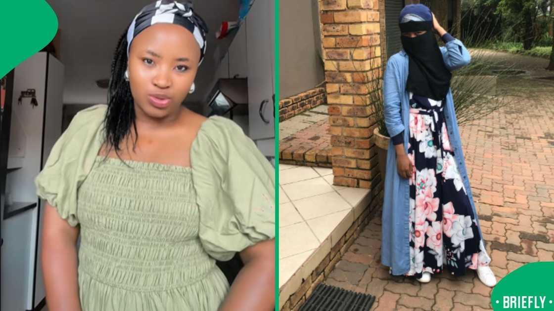 The visual on the right showed the woman covering her face and head with a scarf The visual on the right showed the woman covering her face and head with a scarf