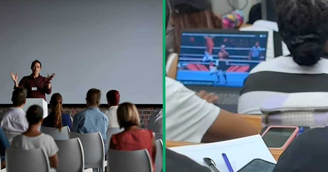 A TikTok video shows a student watching watching wrestling during a lecture class. A TikTok video shows a student watching watching wrestling during a lecture class.
