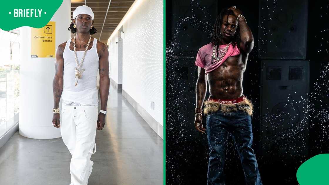 Rema on the right, doing a water-inspired photoshoot with a pink crop top Rema on the right, doing a water-inspired photoshoot with a pink crop top