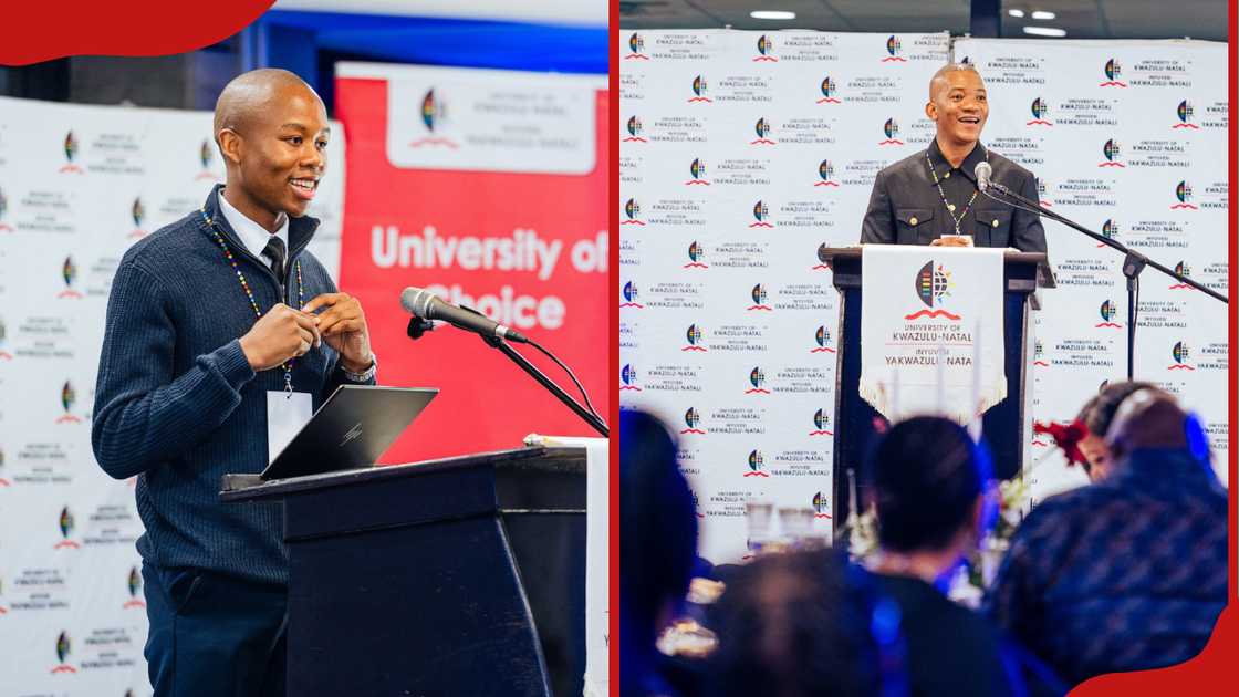 UKZN students speaking on a podium UKZN students speaking on a podium