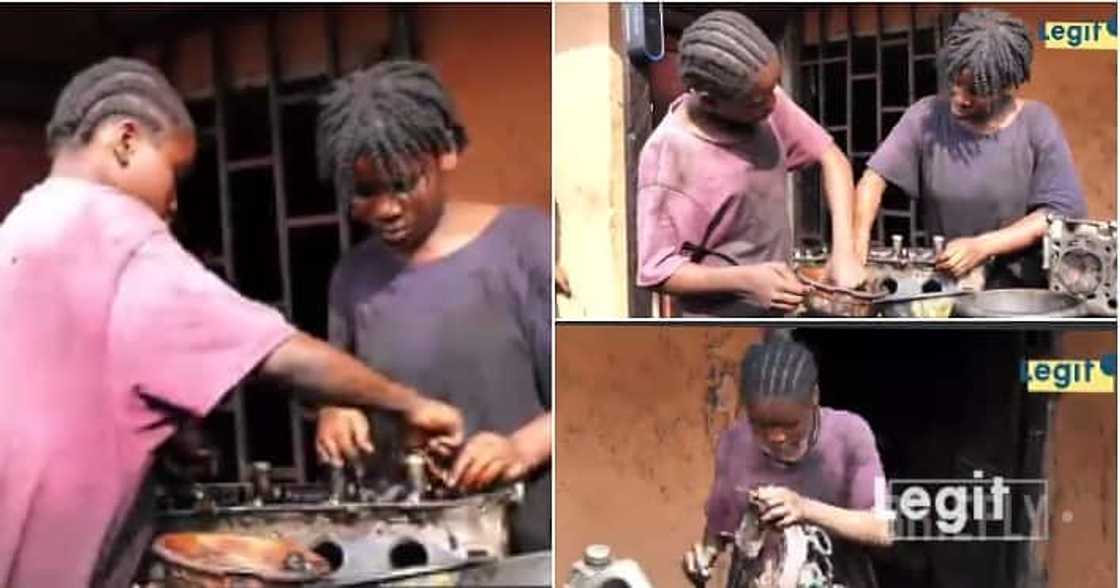 Teenage sisters repairing motor engines