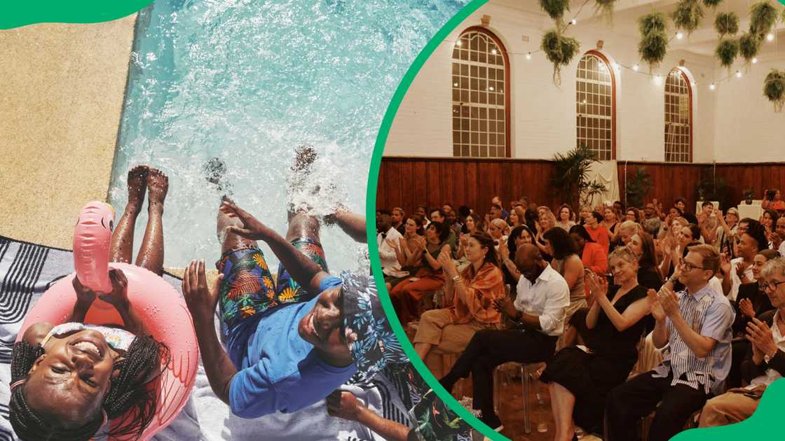 Children enjoying swimming and customers attending the TFG annual general meeting