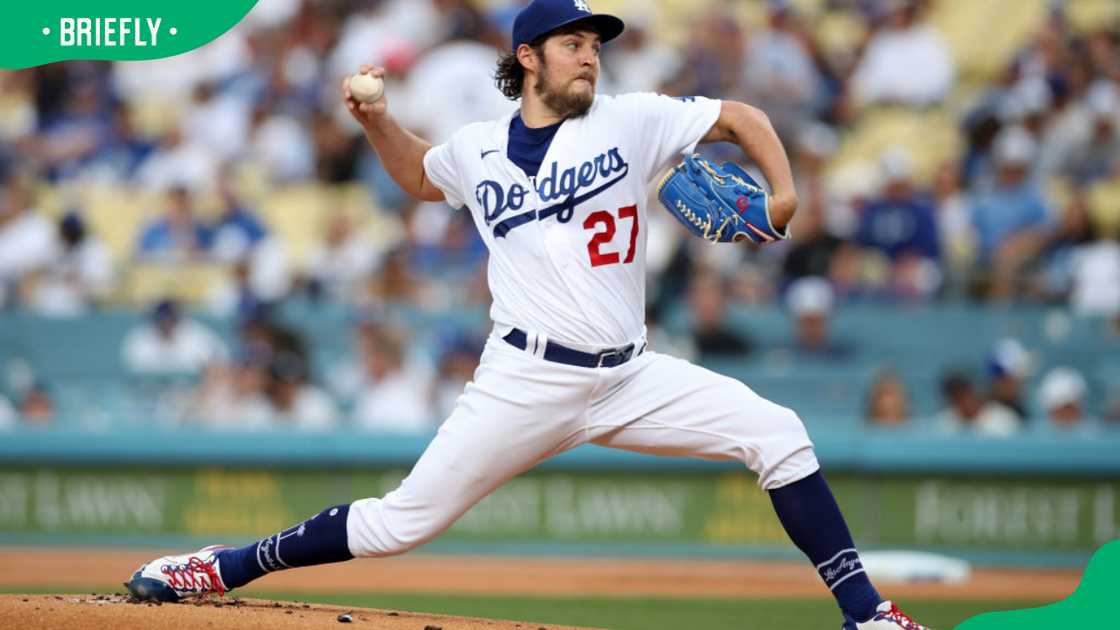 Baseball player Trevor Bauer at a match between the Los Angeles Dodgers and the San Francisco Giants in 2021