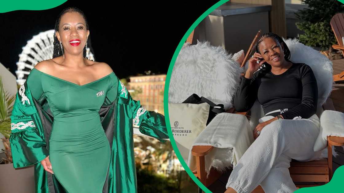 Johanna Mukoki in an elegant, fitted green gown with an off-shoulder design (L). The entrepreneur sitting comfortably in a relaxed outdoor environment (R)