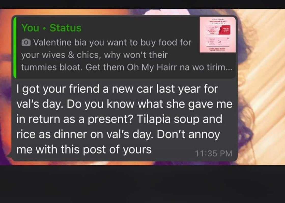 Man recounts 2020 Val's Day experience; says he bought wife car & she made light soup Man recounts 2020 Val's Day experience; says he bought wife car & she made light soup