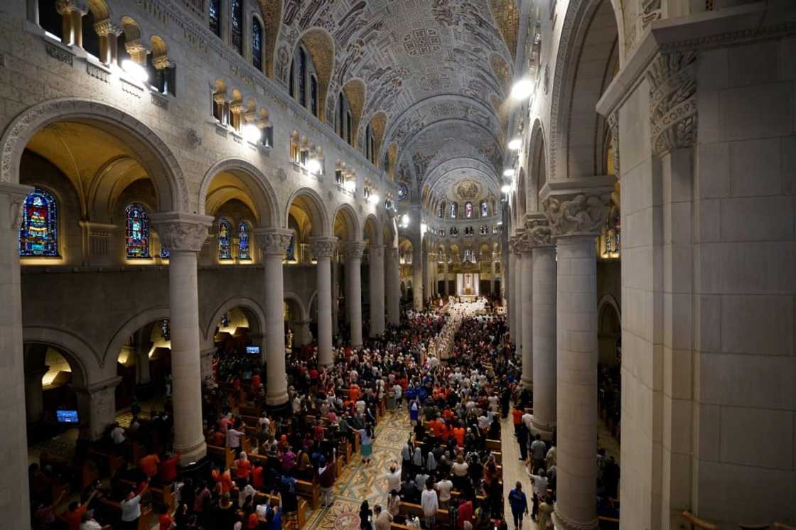 Pope Francis celebrates mass at the shrine of Sainte-Anne-de-Beaupre in Quebec, Canada, on July 28, 2022