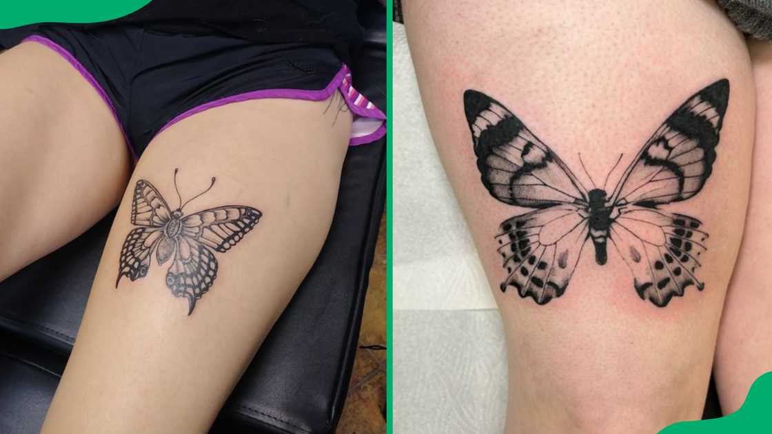 Butterfly thigh tattoo.